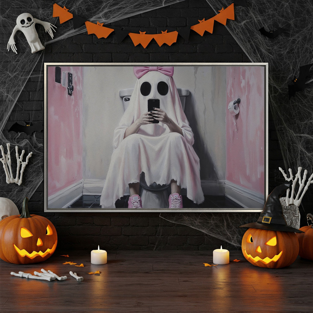 Framed Wall Art: Funny ghost on the toilet, pink and white color palette. Spooky Halloween decor, perfect for a unique and stylish home.