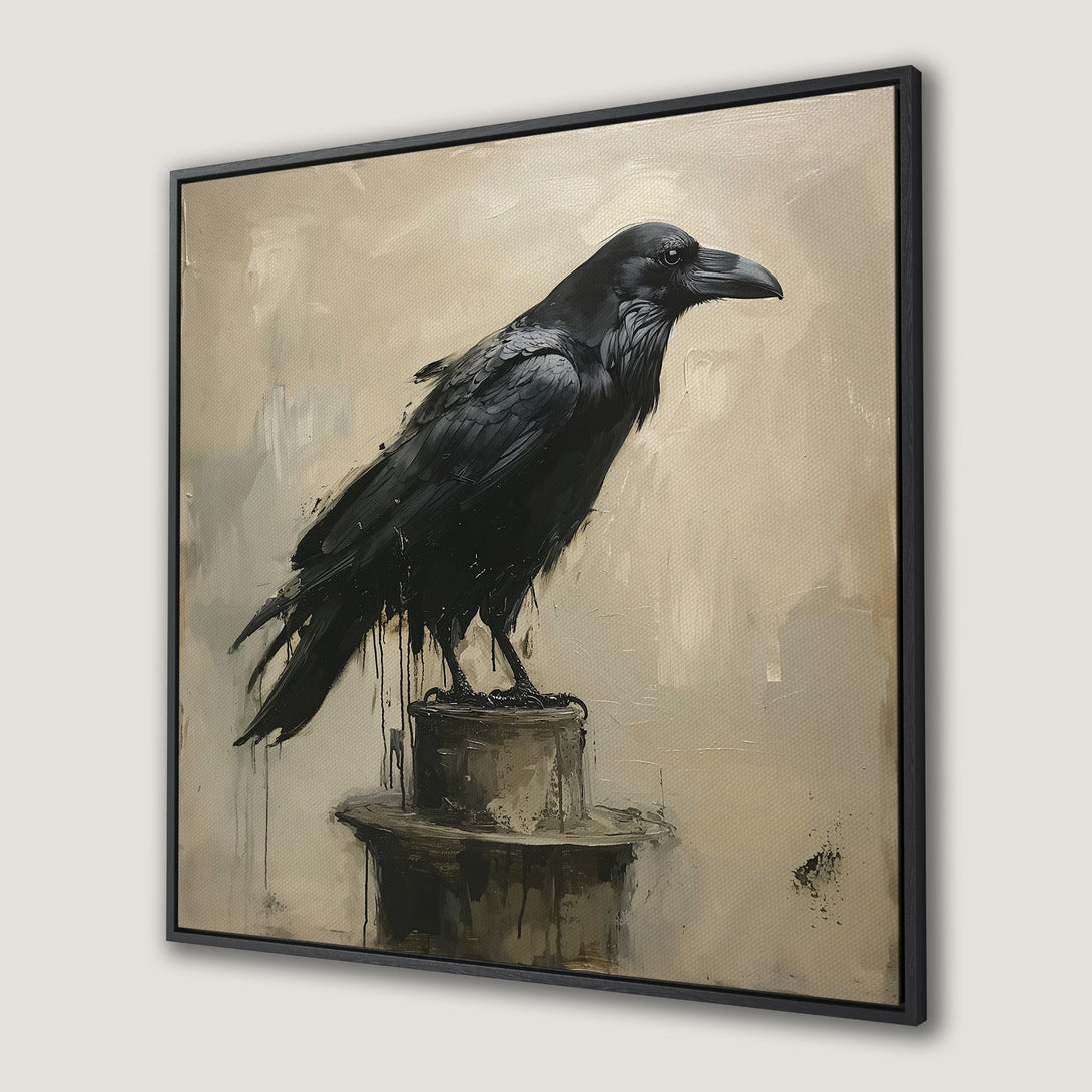 Framed Wall Art: Dramatic raven painting in black and neutral tones. Modern art canvas print for a stylish home.