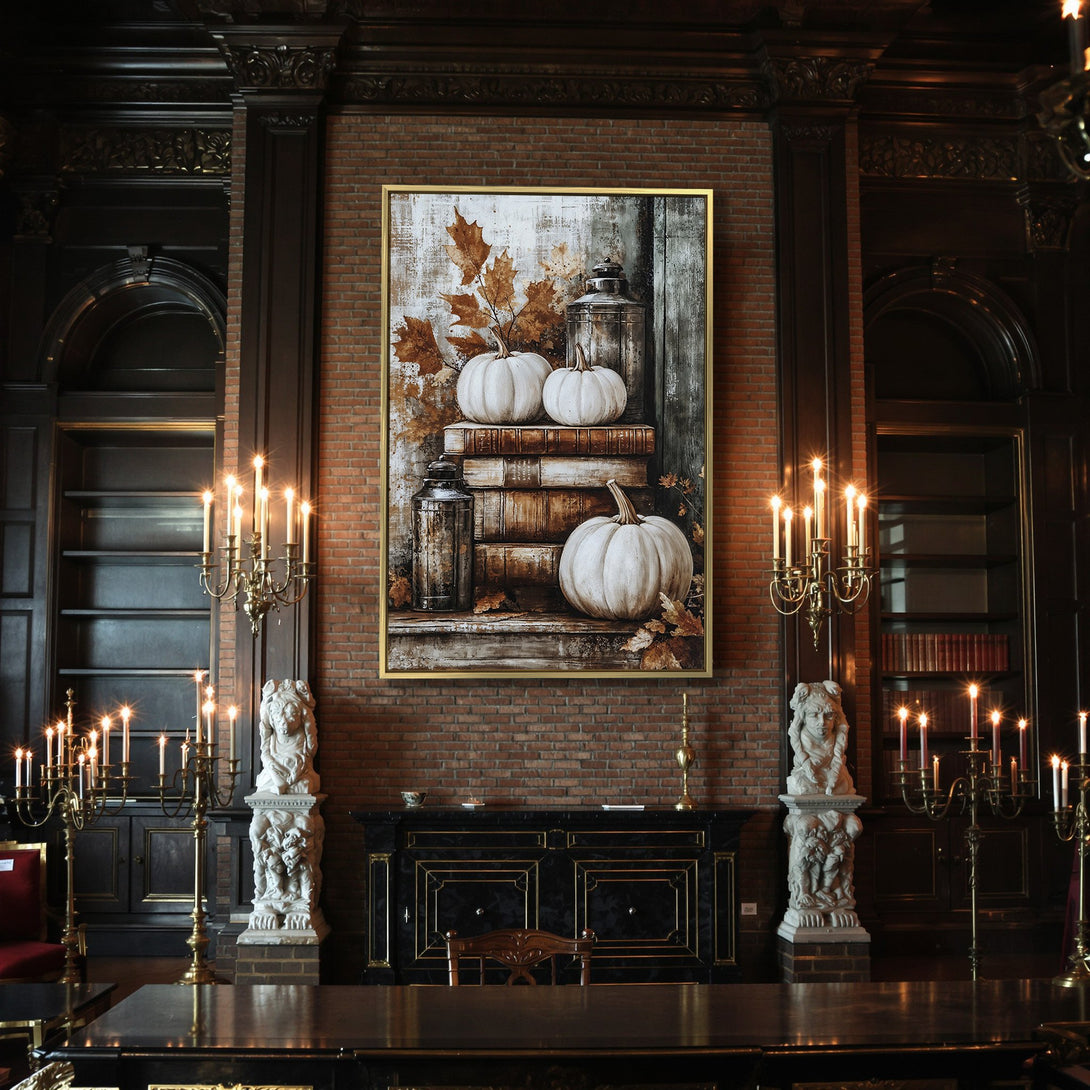 Canvas Print: Rustic fall art with pumpkins, leaves, and antique lanterns in warm, earthy tones. Perfect for Halloween decor!