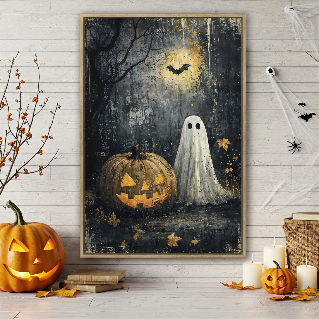 Framed Wall Art: Spooky Halloween scene with a ghost, pumpkin, and bat in a dark, painterly style with a gold and black color palette. Perfect for fall decor!