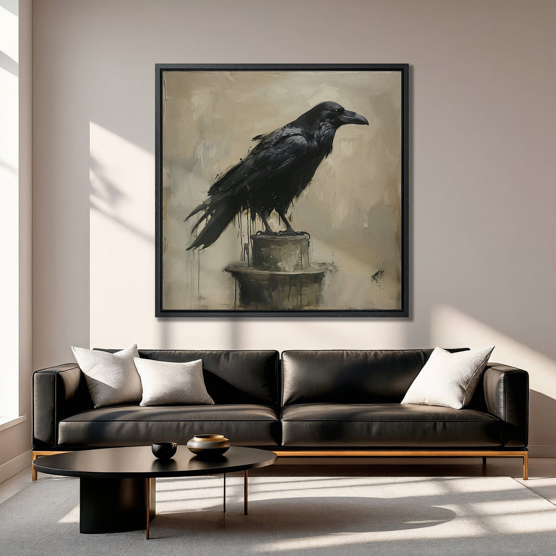 Framed Wall Art: Dramatic black raven painting in a modern interior. Neutral color palette with dark accents. Perfect for adding a touch of mystery.