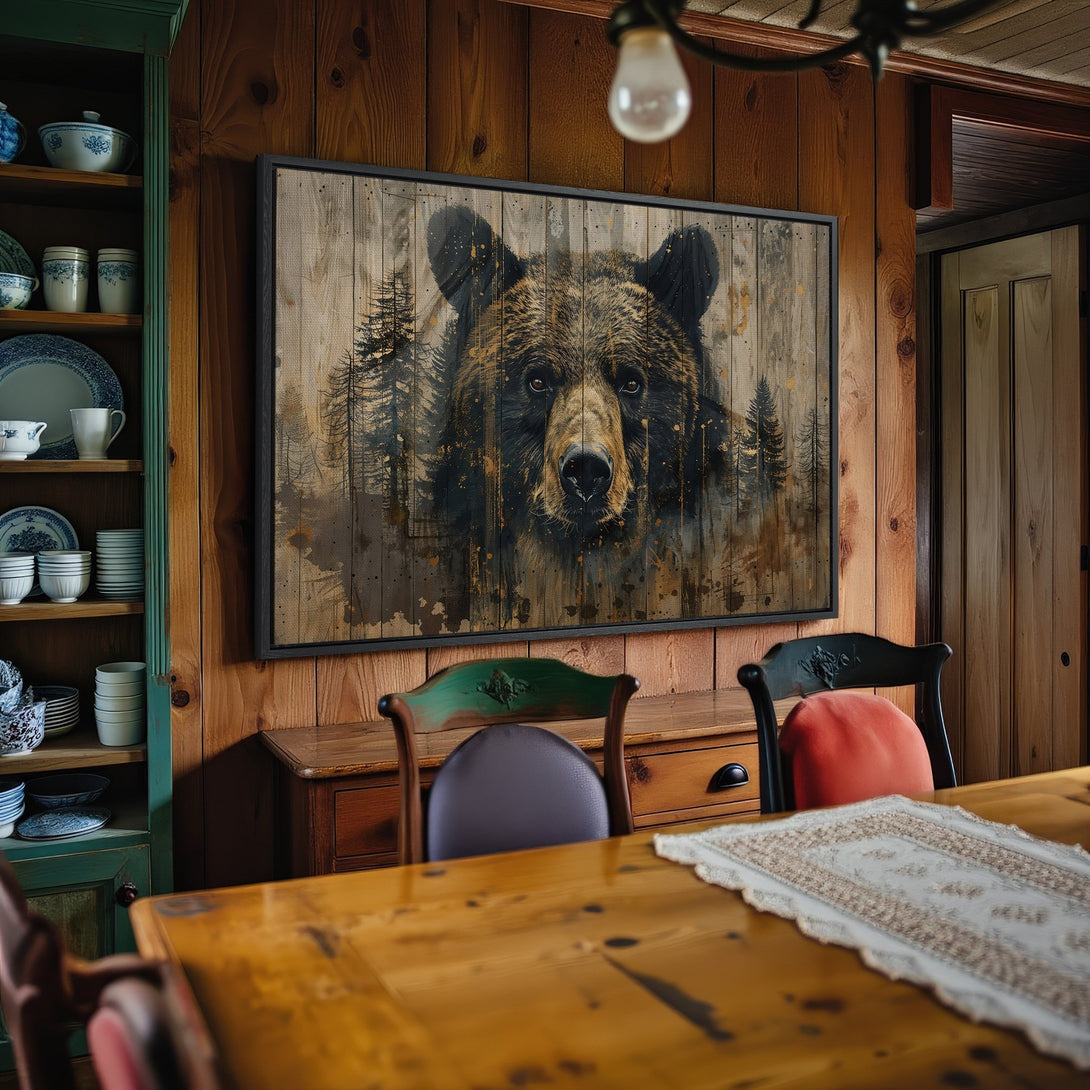 Framed Wall Art featuring a majestic bear in a rustic, painterly style. Earthy tones of brown, black, and gold create a cozy, cabin-inspired vibe.
