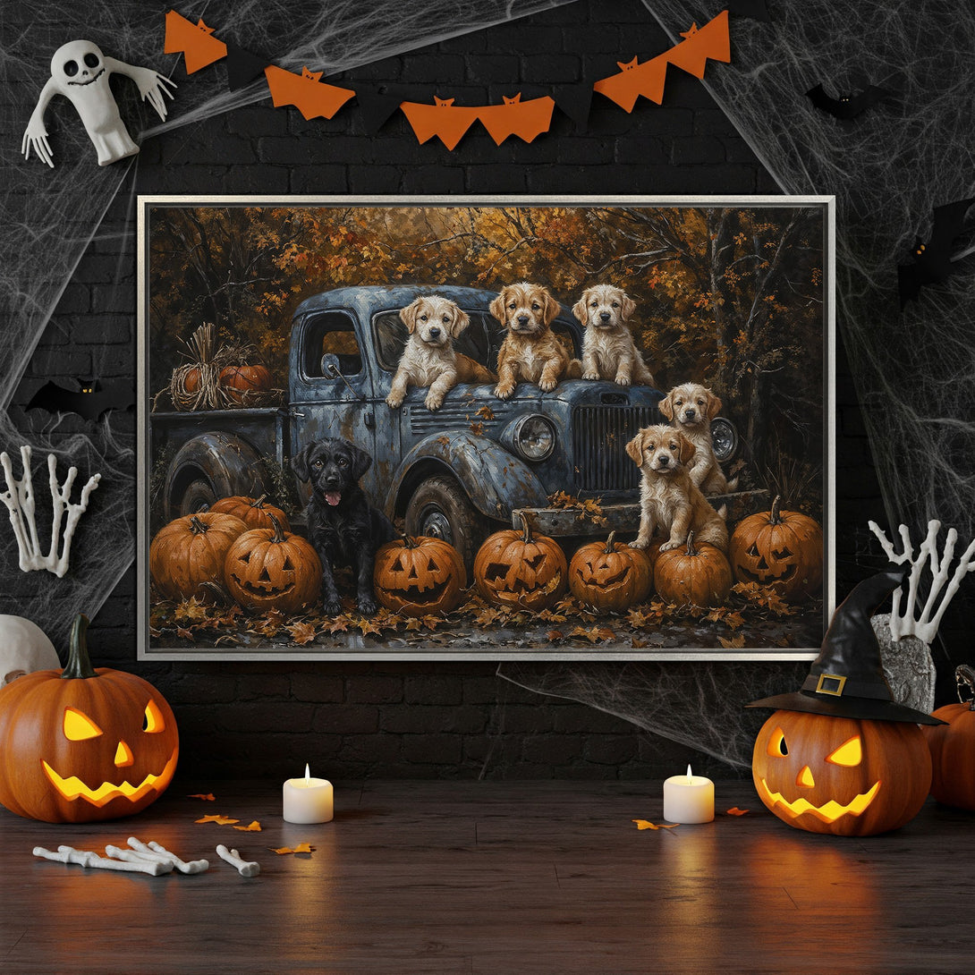 Framed Wall Art featuring adorable puppies in a vintage truck, autumn color palette. Perfect Halloween decor! Shop Canvas Prints now.