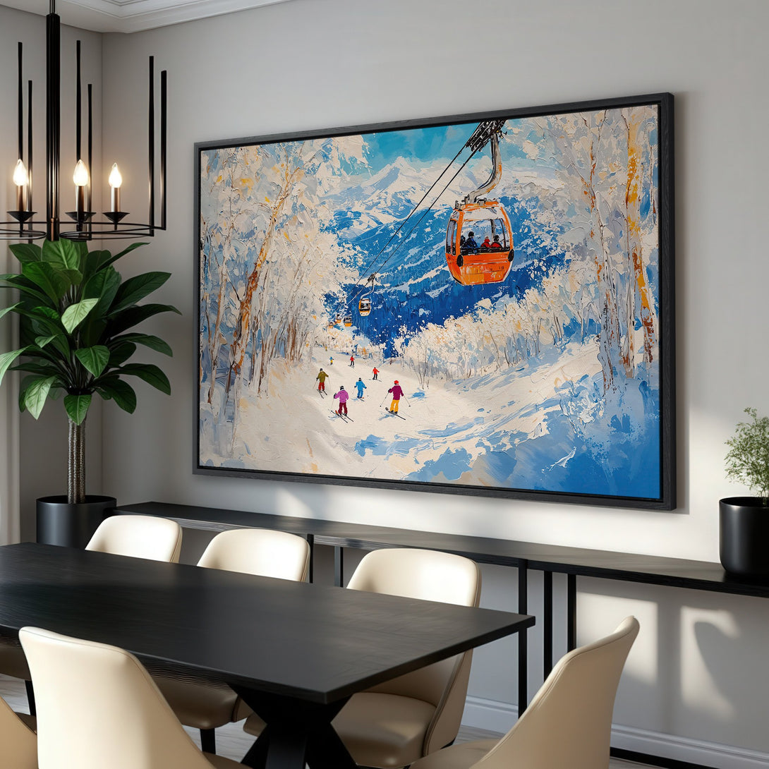 Framed Wall Art: Ski scene canvas print with vibrant blue, white, and orange hues. Modern art featuring skiers and a ski lift, perfect for any home decor.