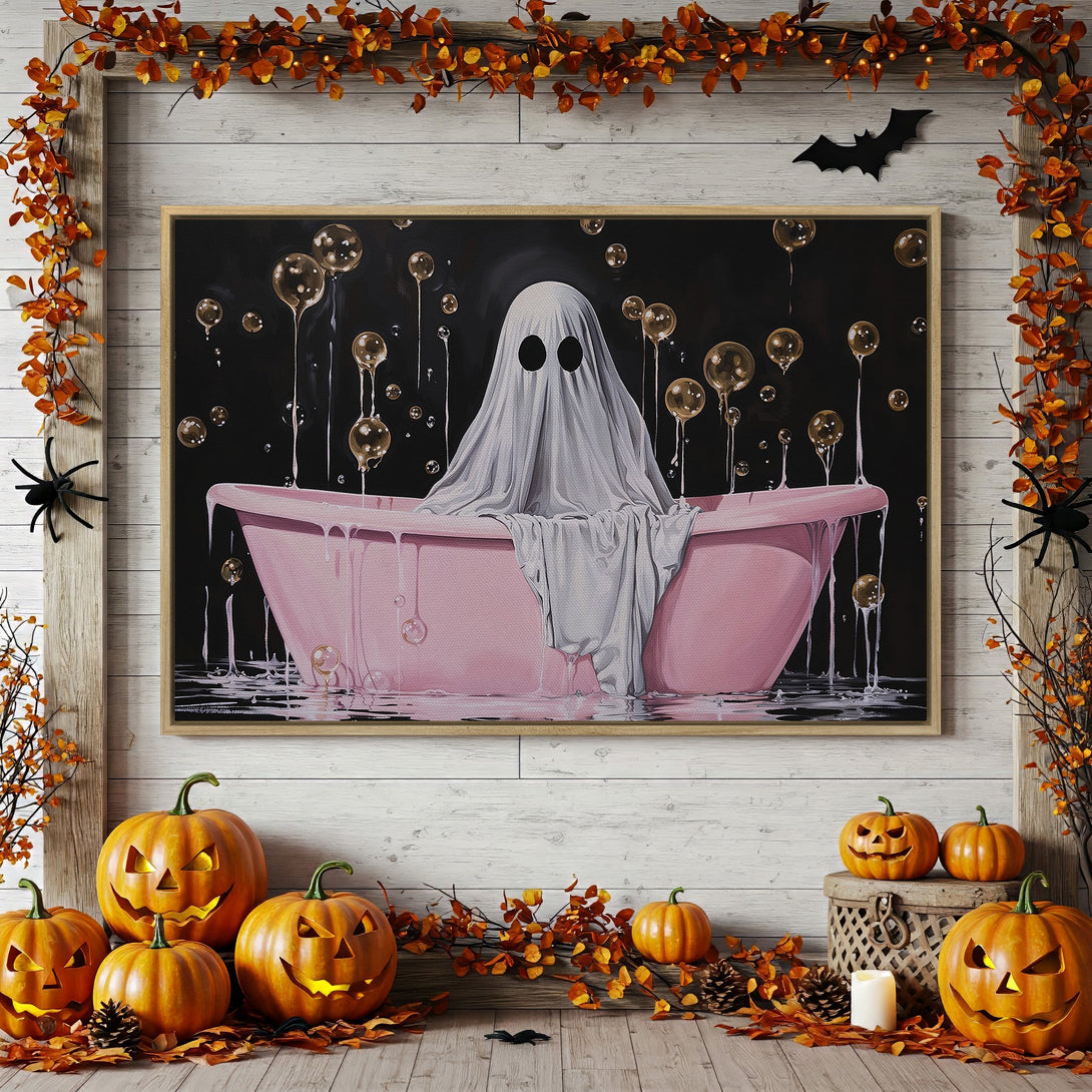 Framed Wall Art: Whimsical ghost in a pink bathtub, Halloween art with a black, pink, and gold color palette. Perfect for spooky season decor!
