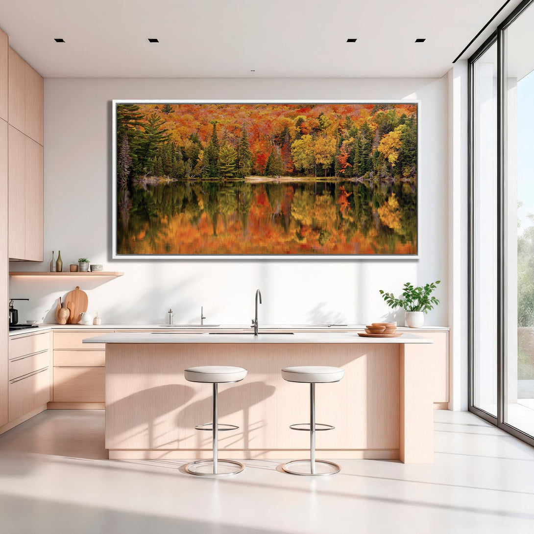 Framed Wall Art: Autumn lake scene in vibrant reds, oranges, and greens. Adds a touch of nature to any space. Perfect for modern kitchens.