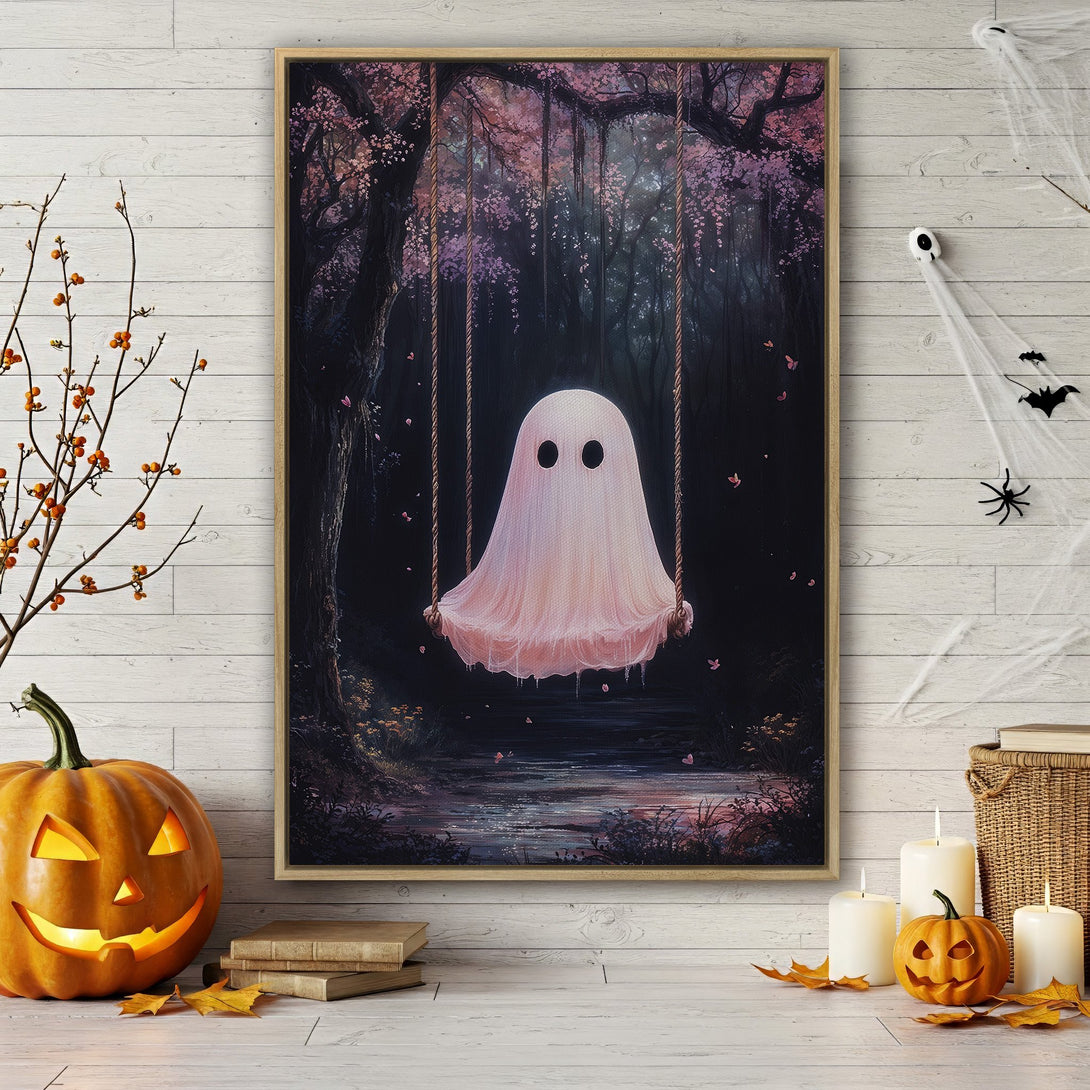 Framed Wall Art: Whimsical ghost on a swing in a dreamy forest scene. Soft pink and dark green color palette. Perfect Halloween decor!