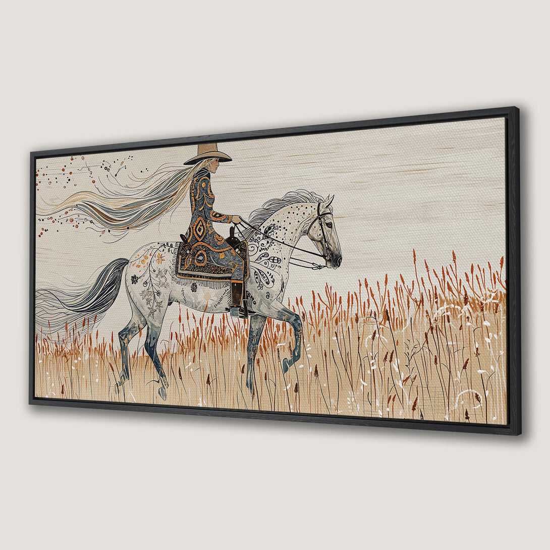 Framed Wall Art: Bohemian equestrian art print featuring a woman riding a horse. Earthy tones and detailed illustration style for a touch of rustic elegance.
