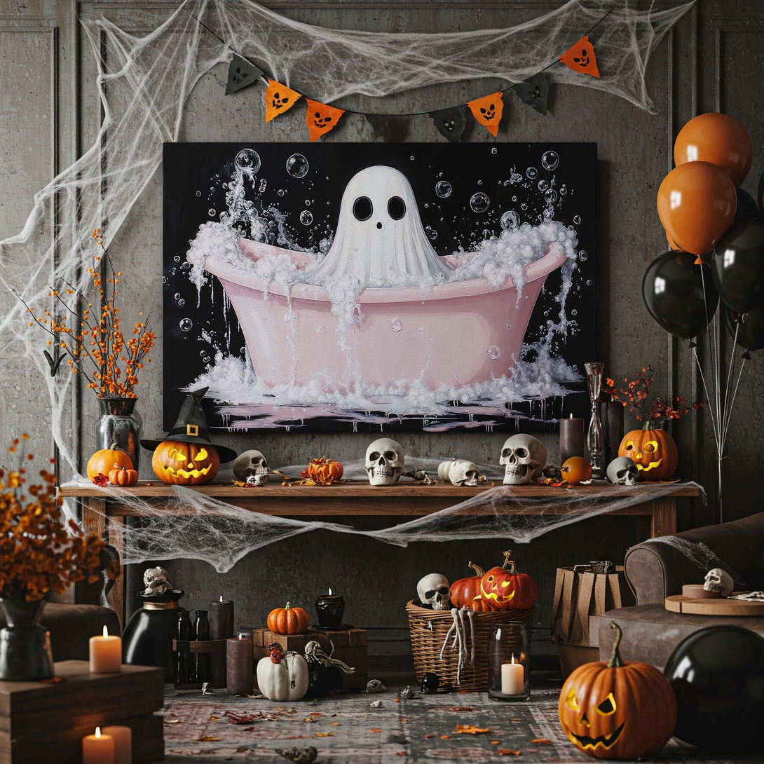 Framed Wall Art: Adorable ghost in a pink bathtub, whimsical Halloween decor. Black, white, and pink color palette. Spooky and fun!