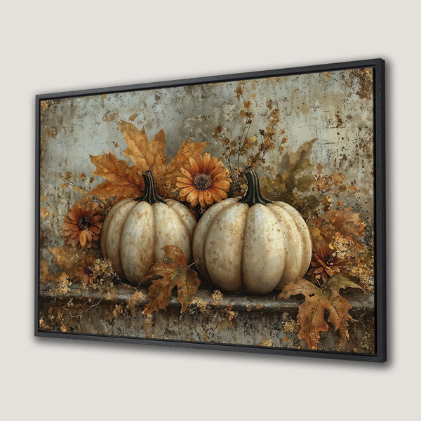 Framed Wall Art featuring pumpkins and autumn leaves. Warm, earthy tones create a cozy, vintage aesthetic. Perfect fall decor for your home.