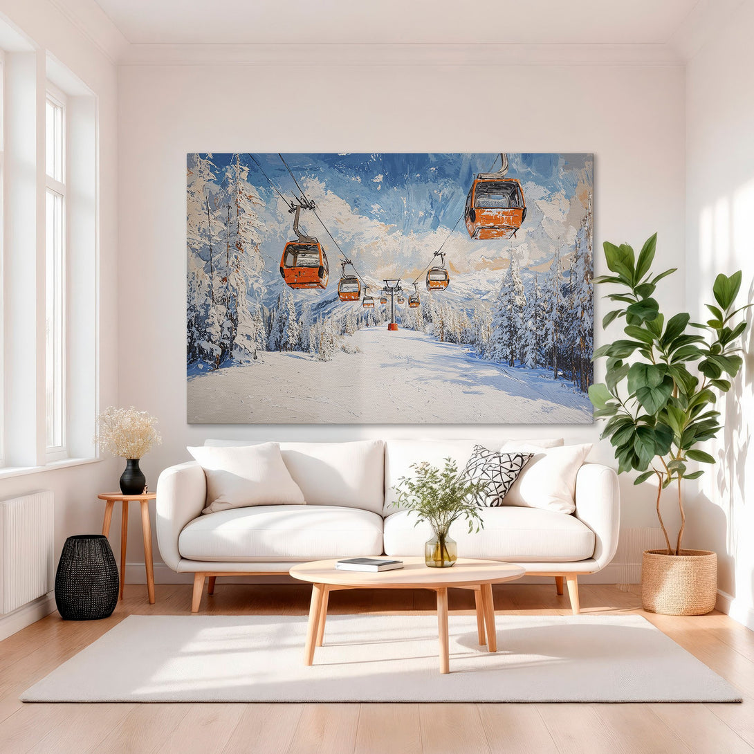 Framed Wall Art featuring a ski lift scene in a snowy landscape. Impressionistic style with a blue, white, and orange color palette. Perfect for adding a touch of winter charm.