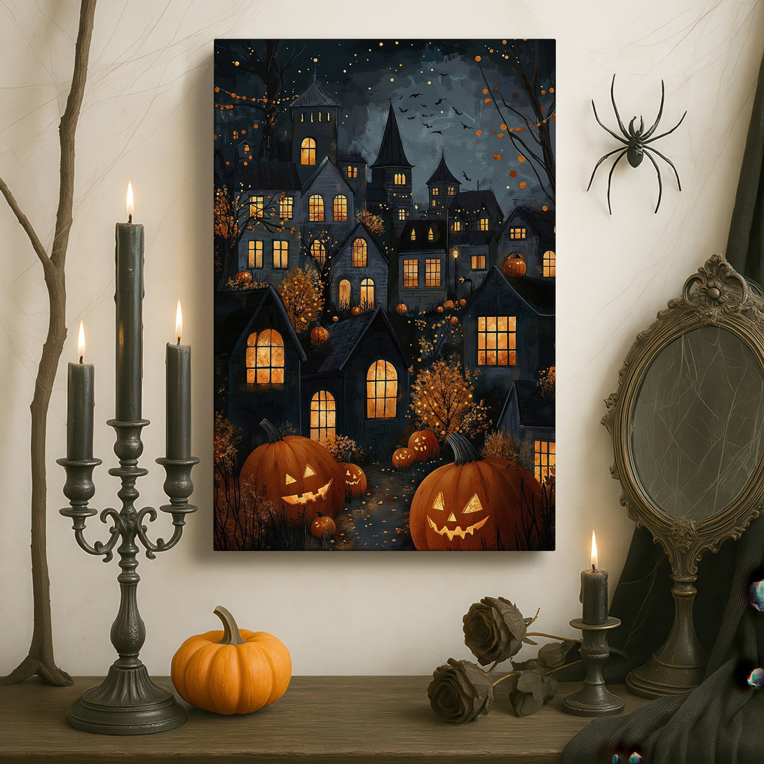 Framed Wall Art: Spooky Halloween town canvas print in a dark, moody style with orange and black tones, perfect for seasonal decor.