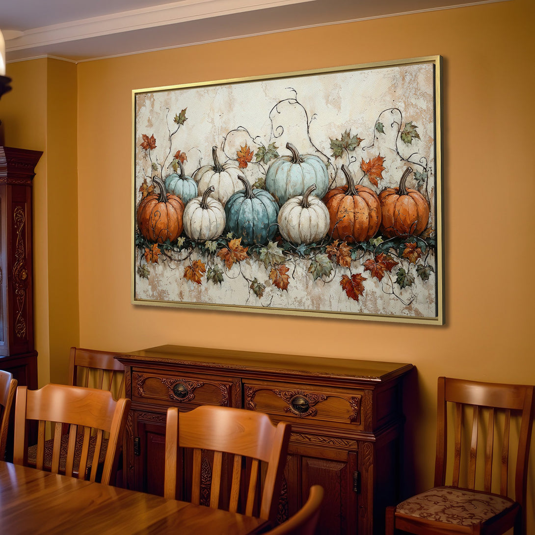 Canvas Print featuring a fall pumpkin painting in warm orange, blue, and cream tones, perfect for autumn home decor.