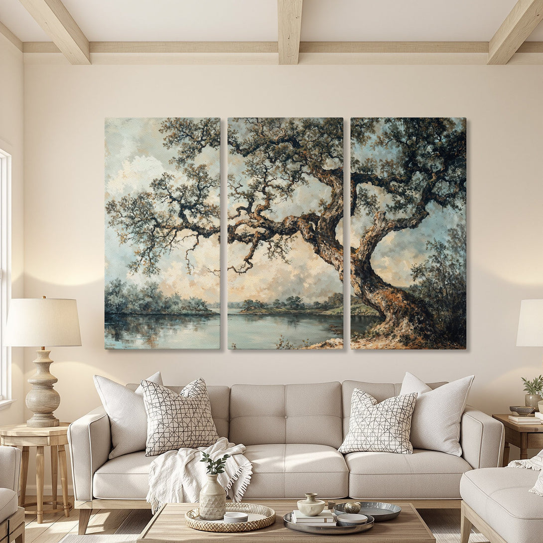 Canvas Print of a majestic tree landscape in a serene, muted color palette. Perfect for adding a touch of nature-inspired art to your home.