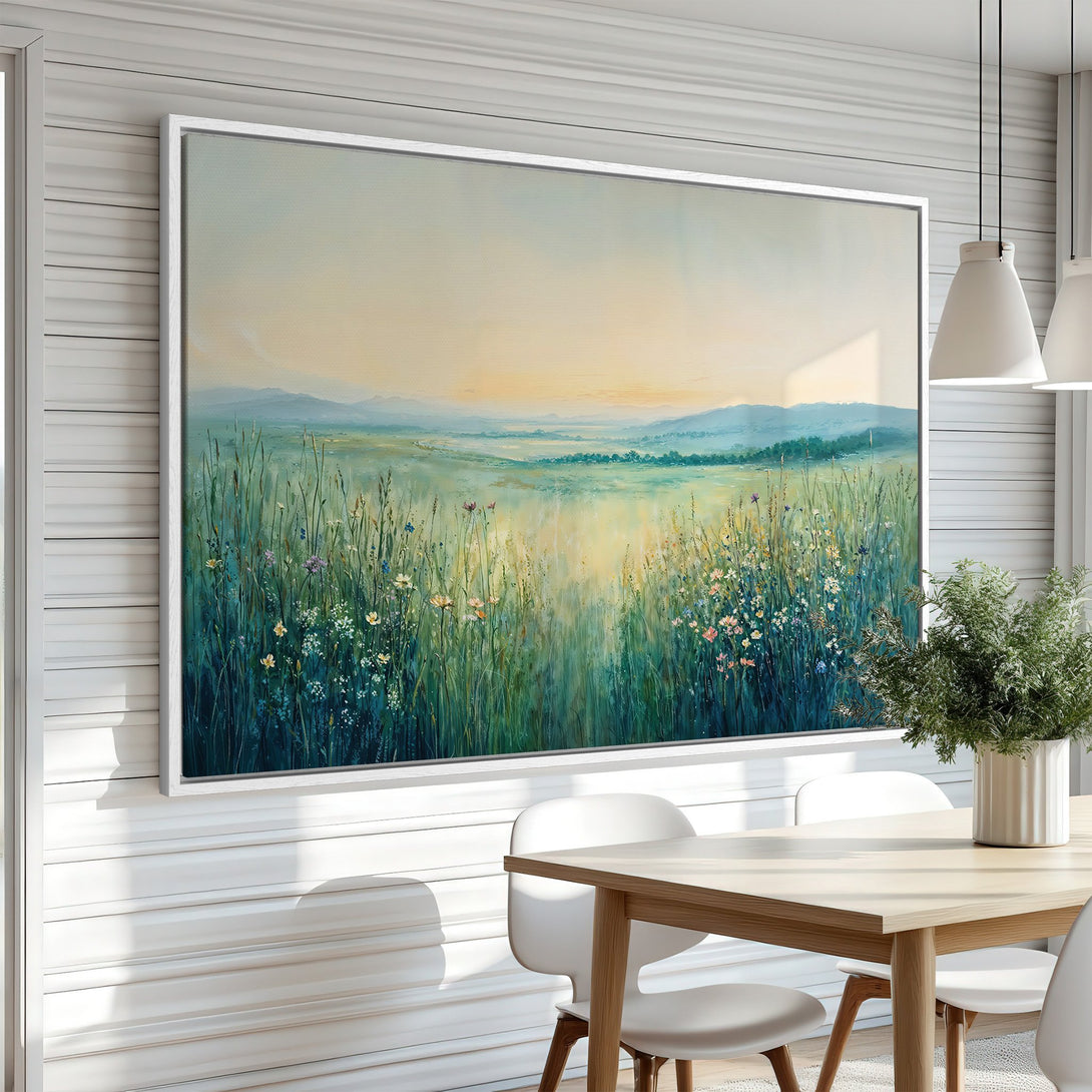 Framed Wall Art: Landscape Canvas Print with serene meadow scene in green, blue, and yellow hues. Perfect for adding a touch of nature to your home.
