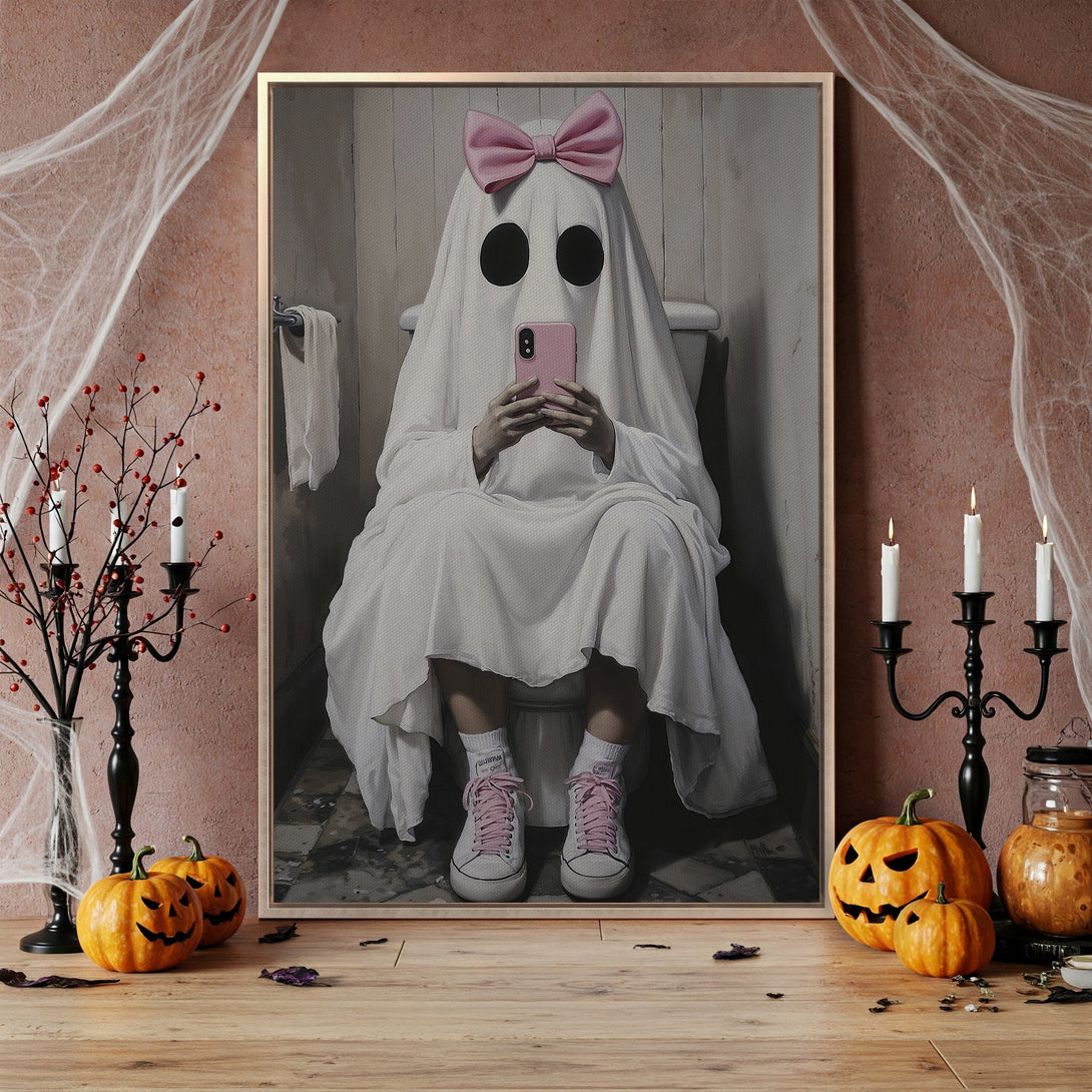 Framed Wall Art: Funny ghost on the toilet with a pink bow, holding a phone. Whimsical Halloween decor in a pink and white color palette.