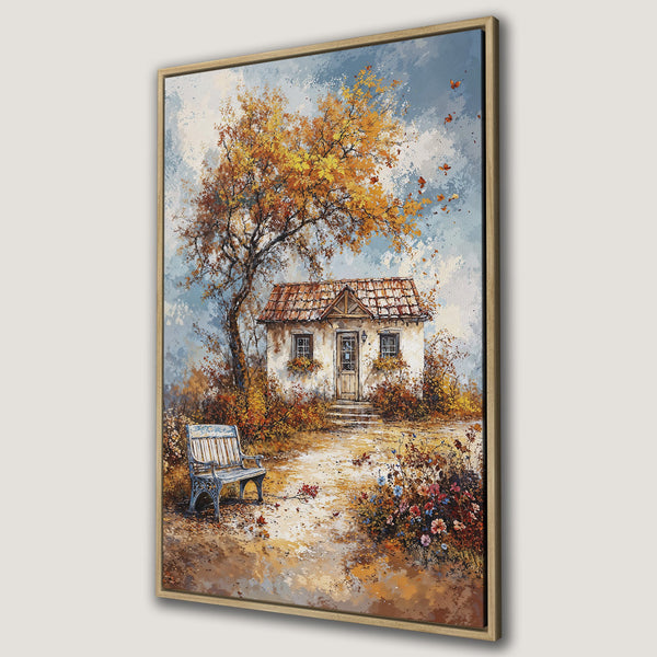 Framed Wall Art: Cottage scene in warm autumn colors. Impressionist style Canvas Print with a cozy, inviting atmosphere. Perfect for home decor.