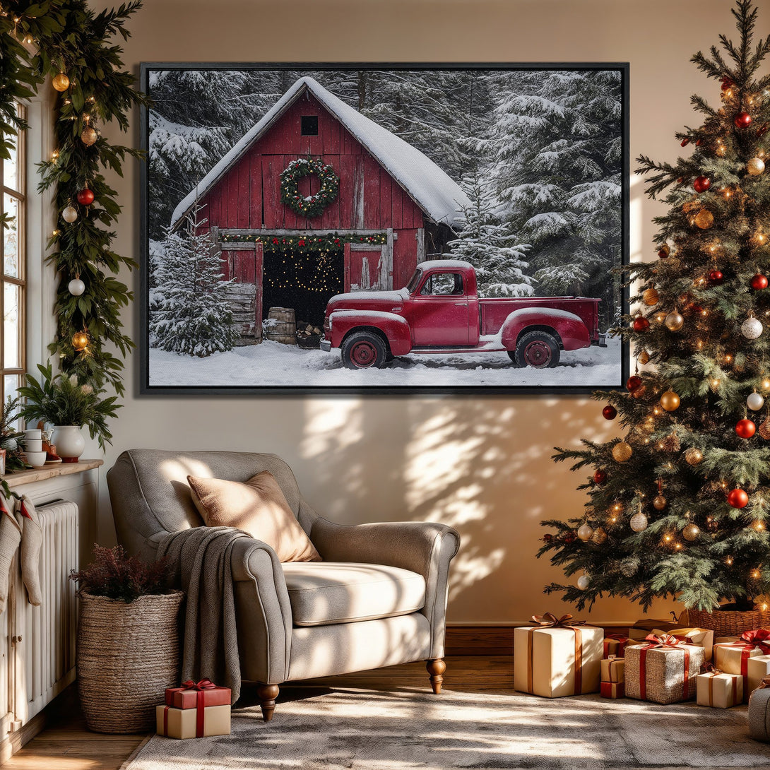 Framed Wall Art: Rustic red barn and truck in a snowy winter scene. Warm, inviting color palette. Perfect for holiday decor!