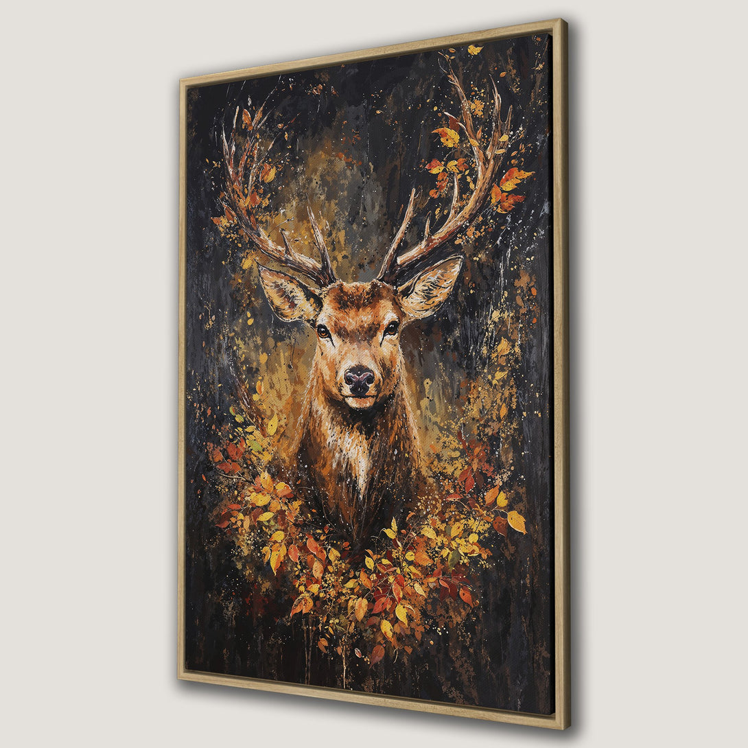 Framed Wall Art: Majestic deer canvas print in a painterly style with warm autumn colors. Perfect for adding rustic charm to your home decor.