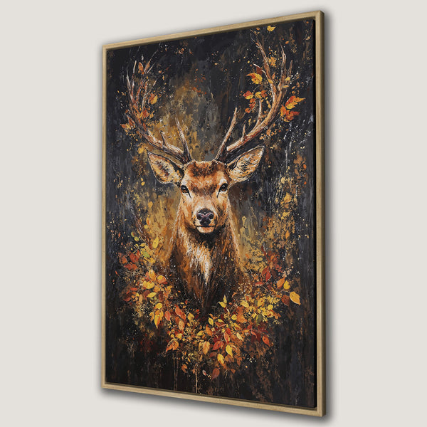 Framed Wall Art: Majestic deer canvas print in a painterly style with warm autumn colors. Perfect for adding rustic charm to your home decor.