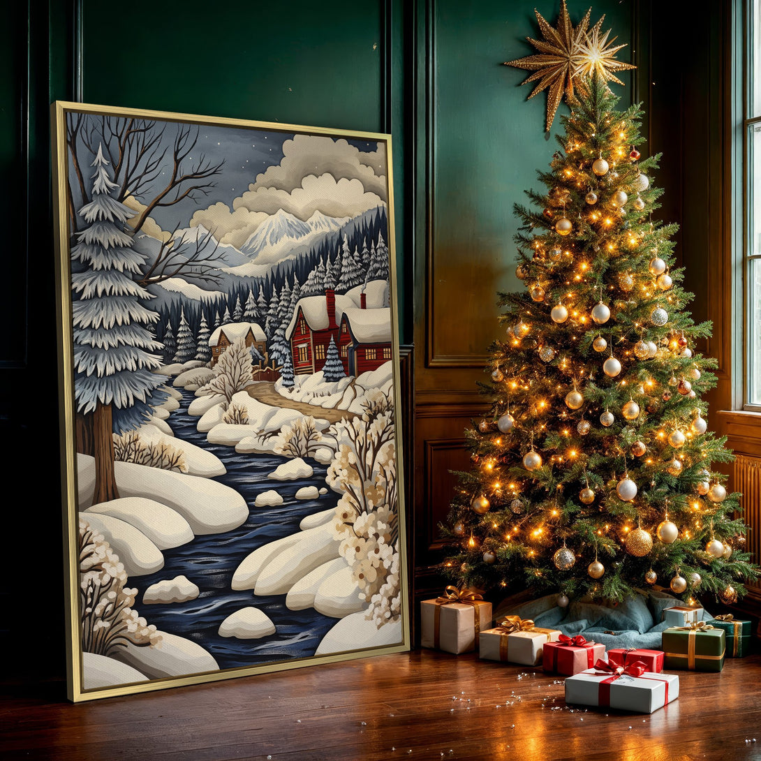Canvas Print of a winter landscape with red cabins, snowy trees, and a blue river. Cozy, artistic style with a cool, muted color palette.