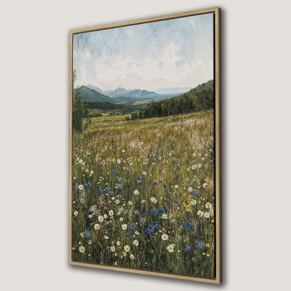 Framed Wall Art of a vibrant meadow landscape painting. Features a natural color palette with blues, greens, and yellows. Perfect for adding a touch of nature to your home.