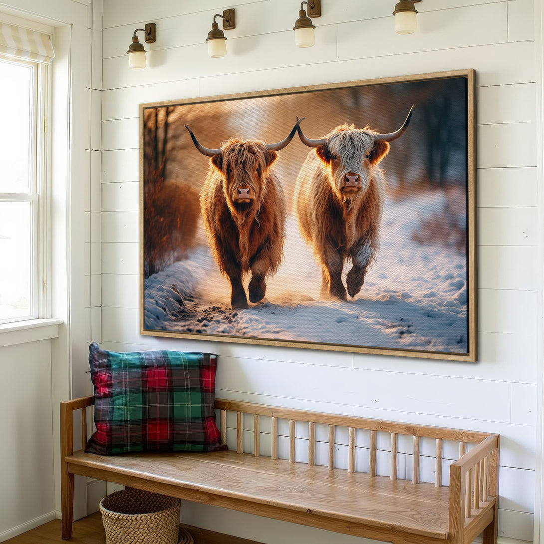 Framed Wall Art: Majestic Highland cows in a snowy landscape. Rustic style with warm, earthy tones. Bring the beauty of nature into your home!
