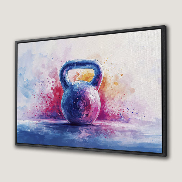 Framed Wall Art: Watercolor kettlebell print in blue, pink, and purple hues. Perfect for home gyms and fitness enthusiasts. Add motivation to your space!