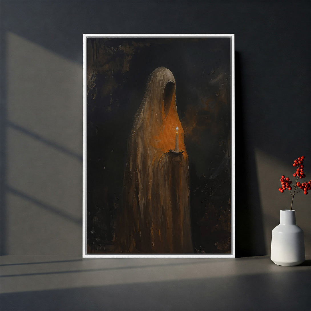 Framed Wall Art: Moody painting of a robed figure with a candle. Dark, dramatic art in warm orange and black tones. Perfect for a gothic interior.