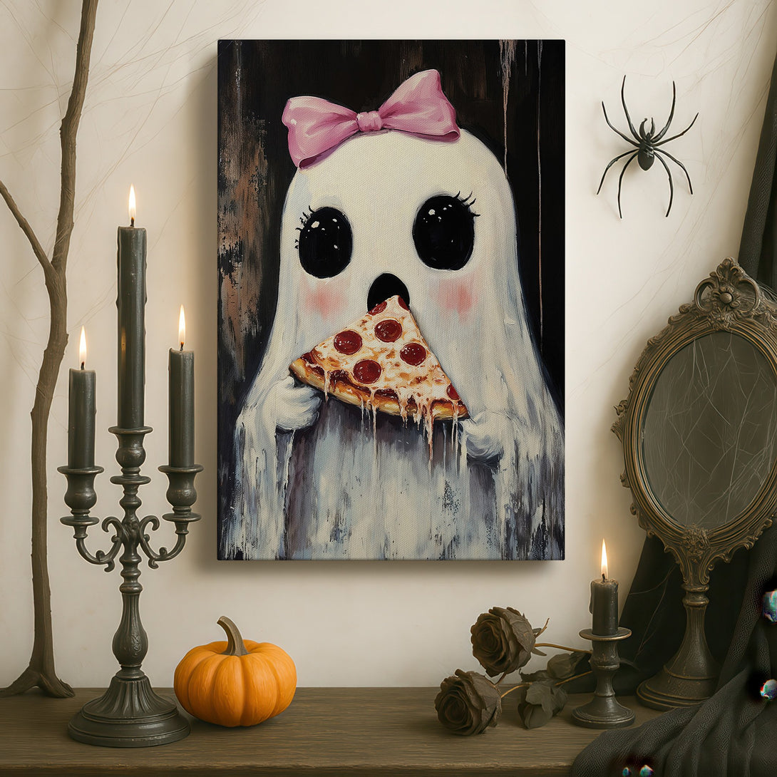 Framed Wall Art: Whimsical ghost painting with a pizza slice, set in a luxurious interior with a brick wall. Playful art in a pink, black, and white palette.