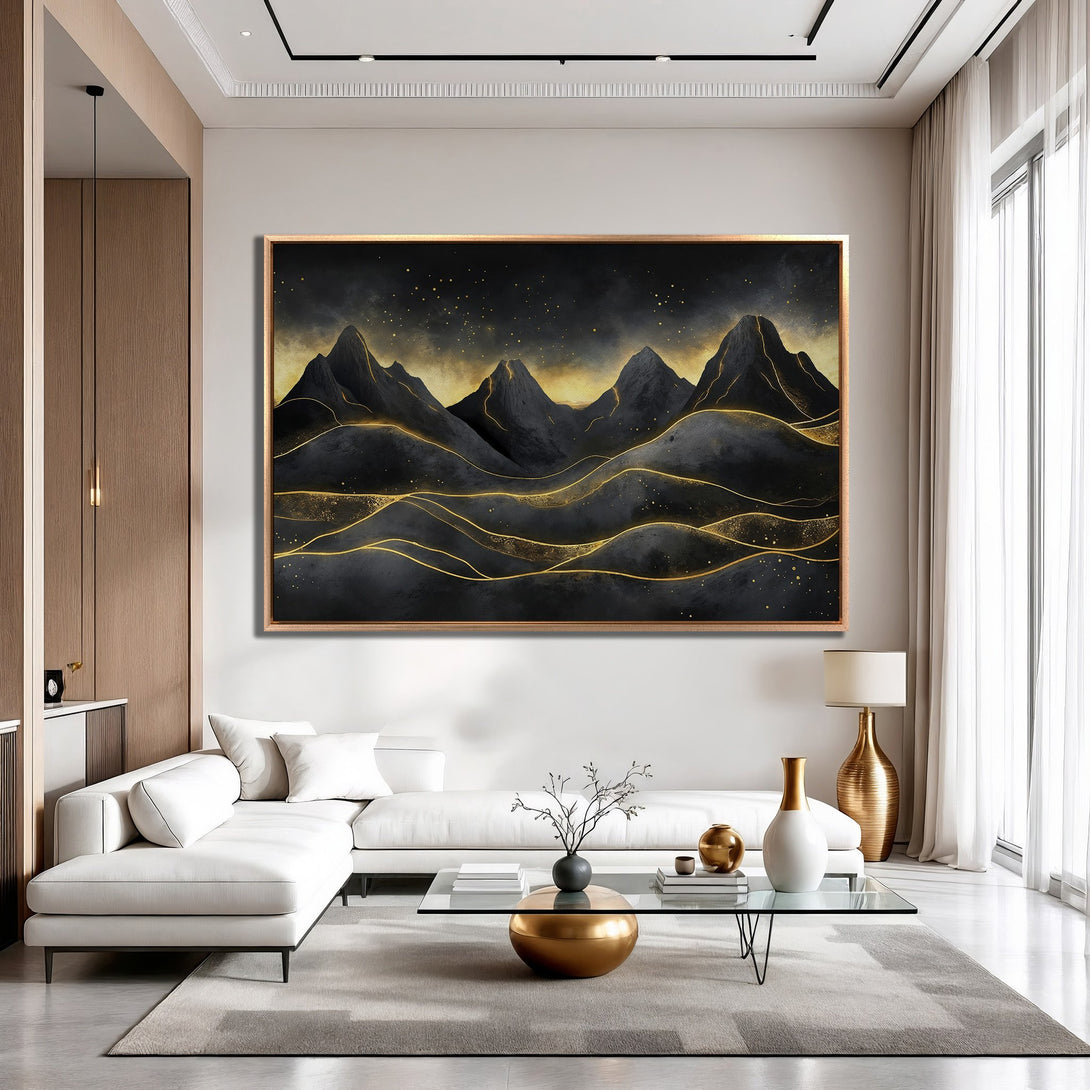 Framed Wall Art featuring abstract mountain landscape in black and gold tones. Modern art for home decor, adding a touch of elegance.