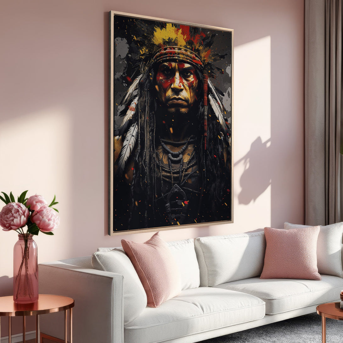 Framed Wall Art: Native American portrait in abstract style, featuring a dark, dramatic color palette with red and yellow accents. Perfect for modern interiors.