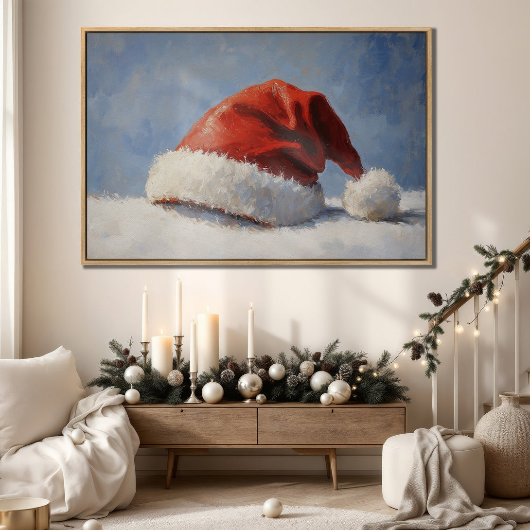 Framed Wall Art: Festive oil painting of Santa hat in a cozy interior. Red, white, and blue color palette. Perfect Christmas decor for your home!