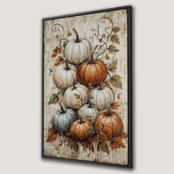 Framed Wall Art: Watercolor pumpkins in warm orange, white, and teal tones with autumn leaves. Perfect fall decor for your home!