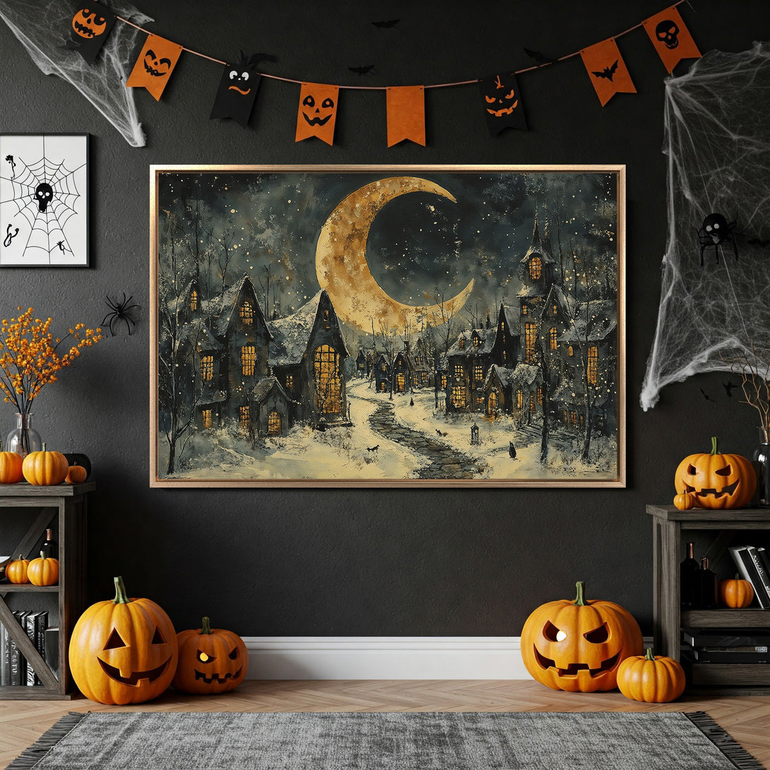 Framed Wall Art: Spooky Halloween village scene in a dark blue and gold palette. Perfect for seasonal decor!