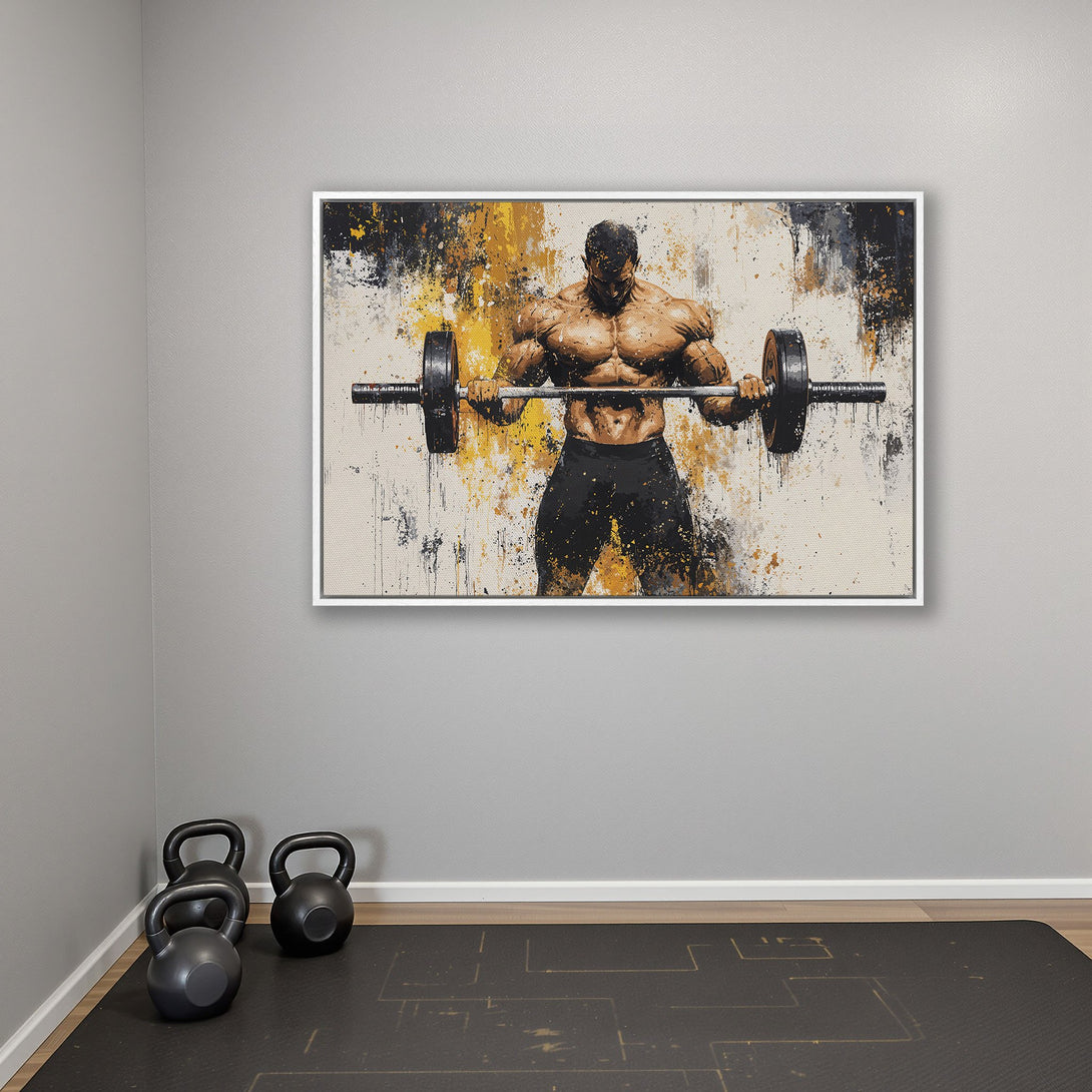 Framed Wall Art: Abstract painting of a bodybuilder lifting weights, featuring a bold color palette of black, yellow, and neutral tones. Perfect for a home gym!