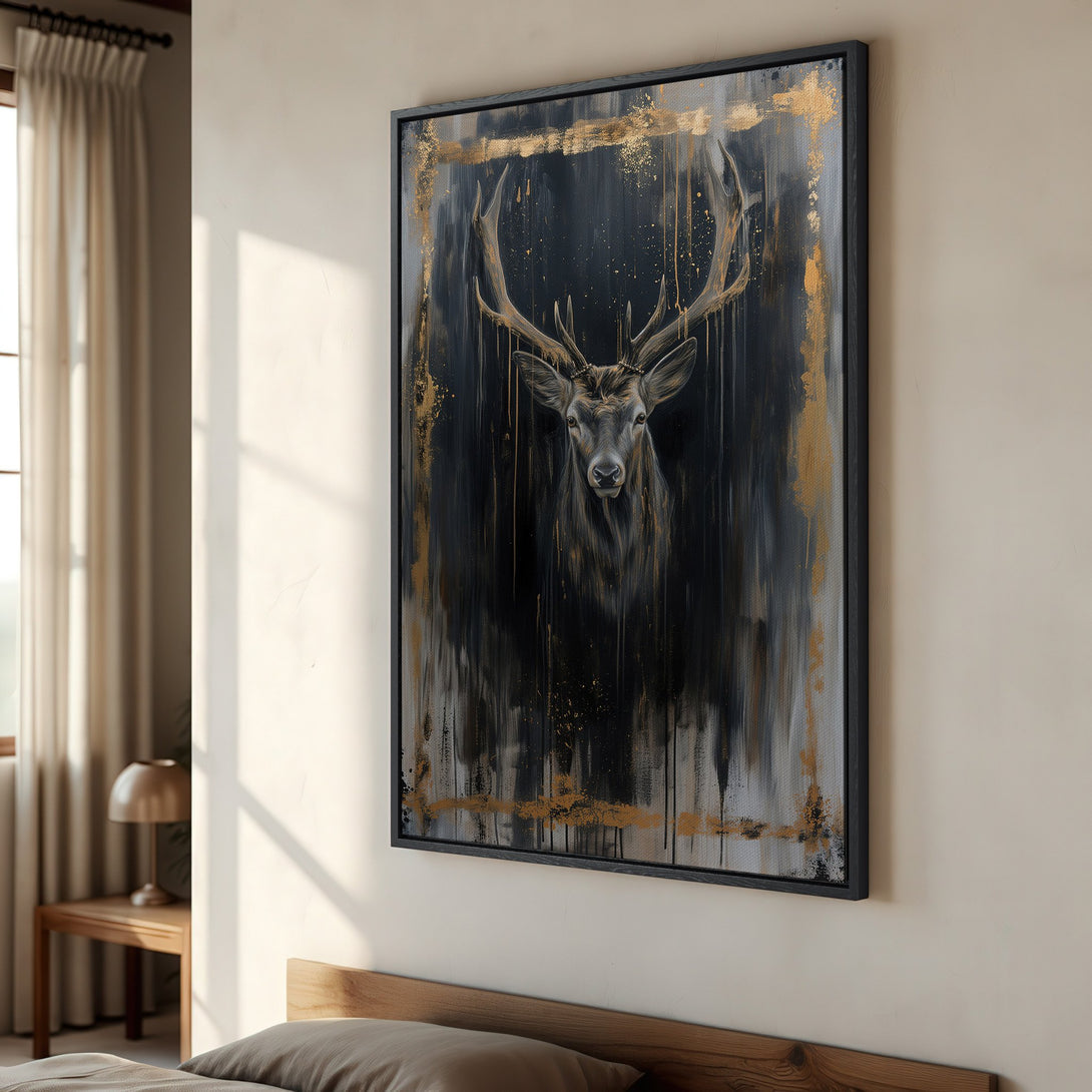 Framed Wall Art: Majestic deer portrait in black, gold, and gray. Abstract style canvas print perfect for modern home decor.