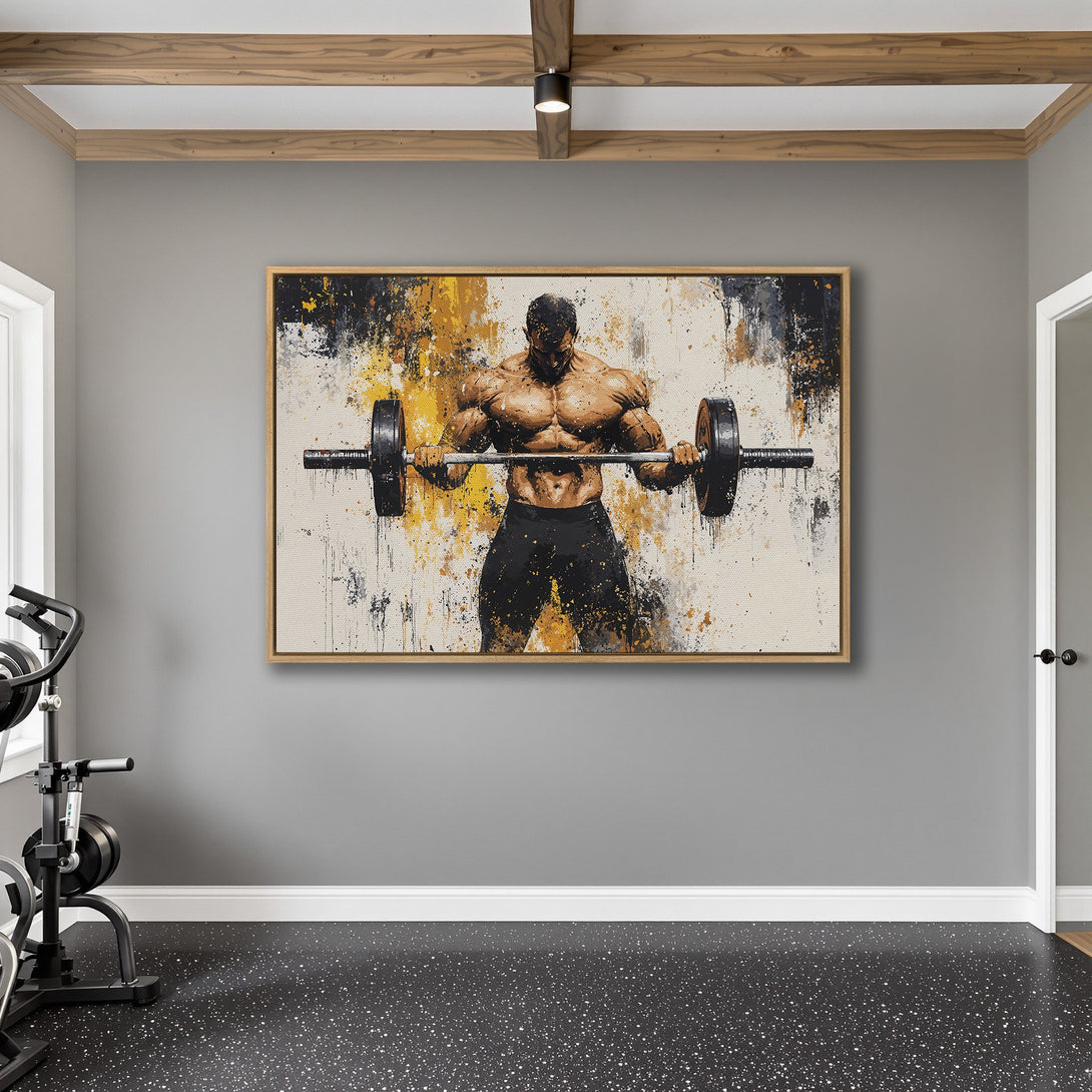 Framed Wall Art: Abstract canvas print of a bodybuilder with barbell. Bold, expressive style in black, gold, and white. Perfect for gym decor!