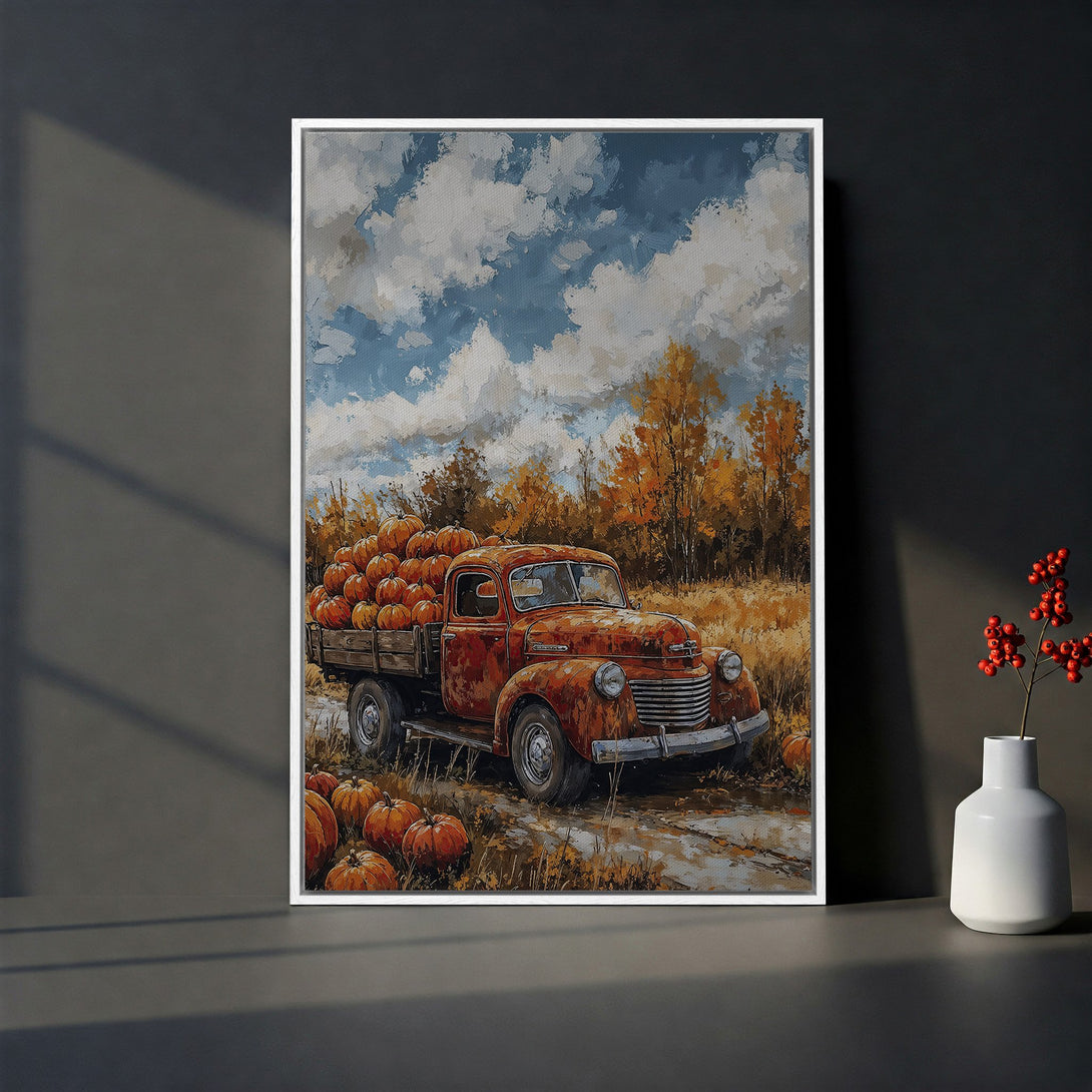 Framed Wall Art: Rustic fall scene with a vintage truck filled with pumpkins, painted in warm orange, brown, and blue tones. Perfect autumn decor!