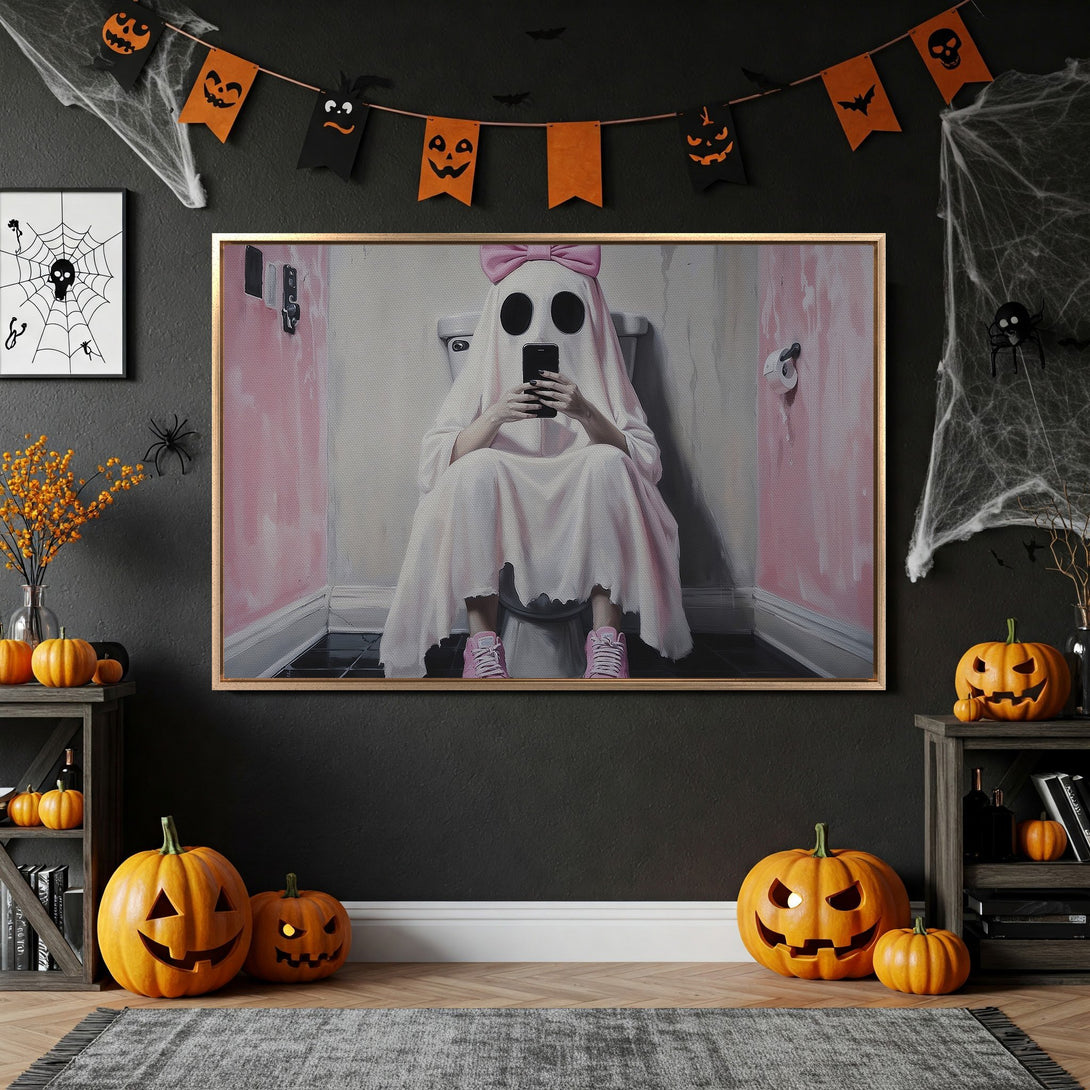 Framed Wall Art: Spooky ghost on the toilet. Halloween-themed art with a pink and black color palette. Perfect for adding a unique touch to your decor.
