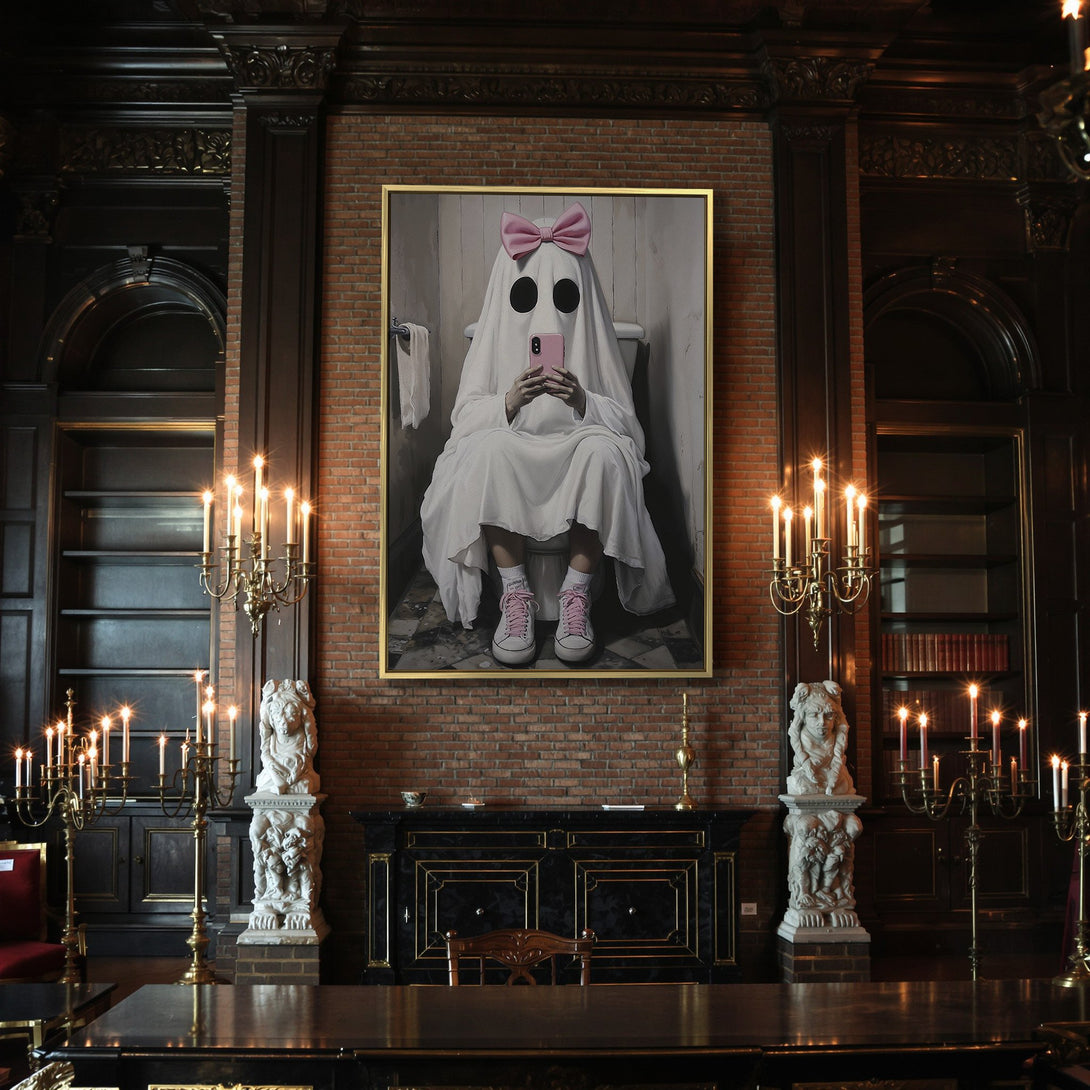 Canvas Print: Whimsical ghost on the toilet, soft pink bow & phone, spooky Halloween decor, neutral & muted color palette. Framed Wall Art.