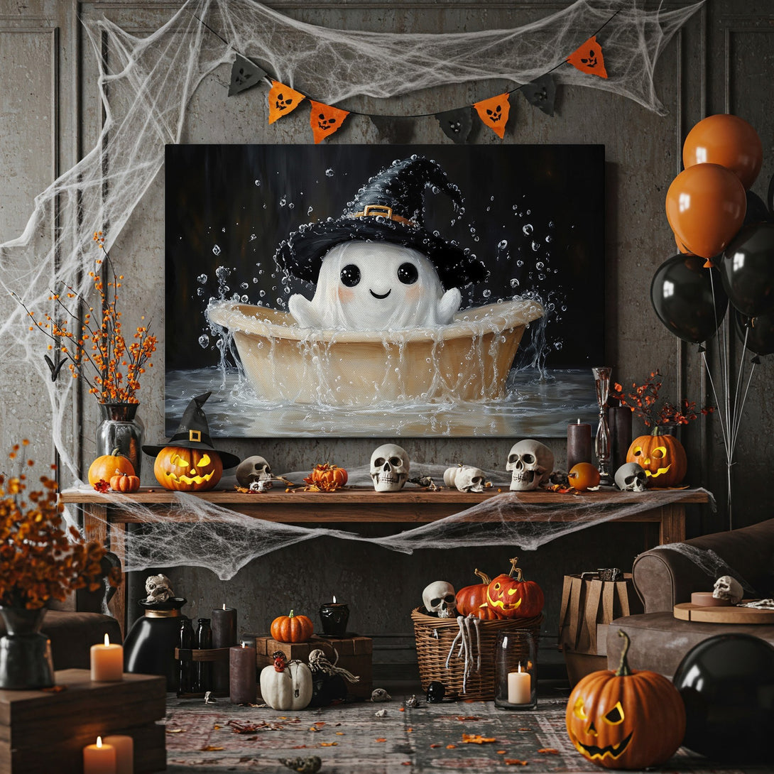 Framed Wall Art: Adorable ghost in a witch hat taking a bath. Whimsical Halloween decor in a warm, inviting color palette. Perfect for spooky season!