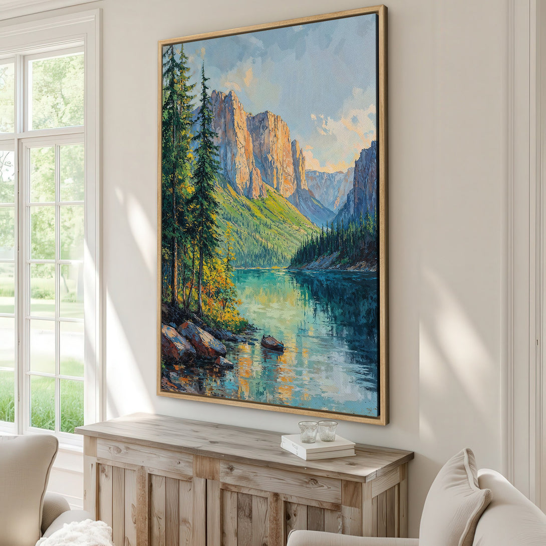 Framed Wall Art: Stunning landscape Canvas Print featuring a serene lake scene with mountains, trees, and a vibrant blue and green color palette. Perfect for any home!
