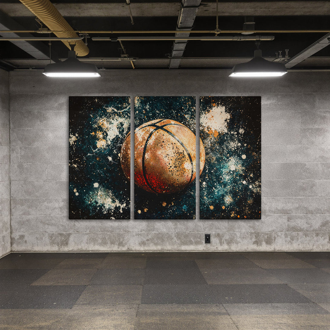 Abstract basketball Canvas Print art in teal, orange, and white. Modern wall decor for sports fans.