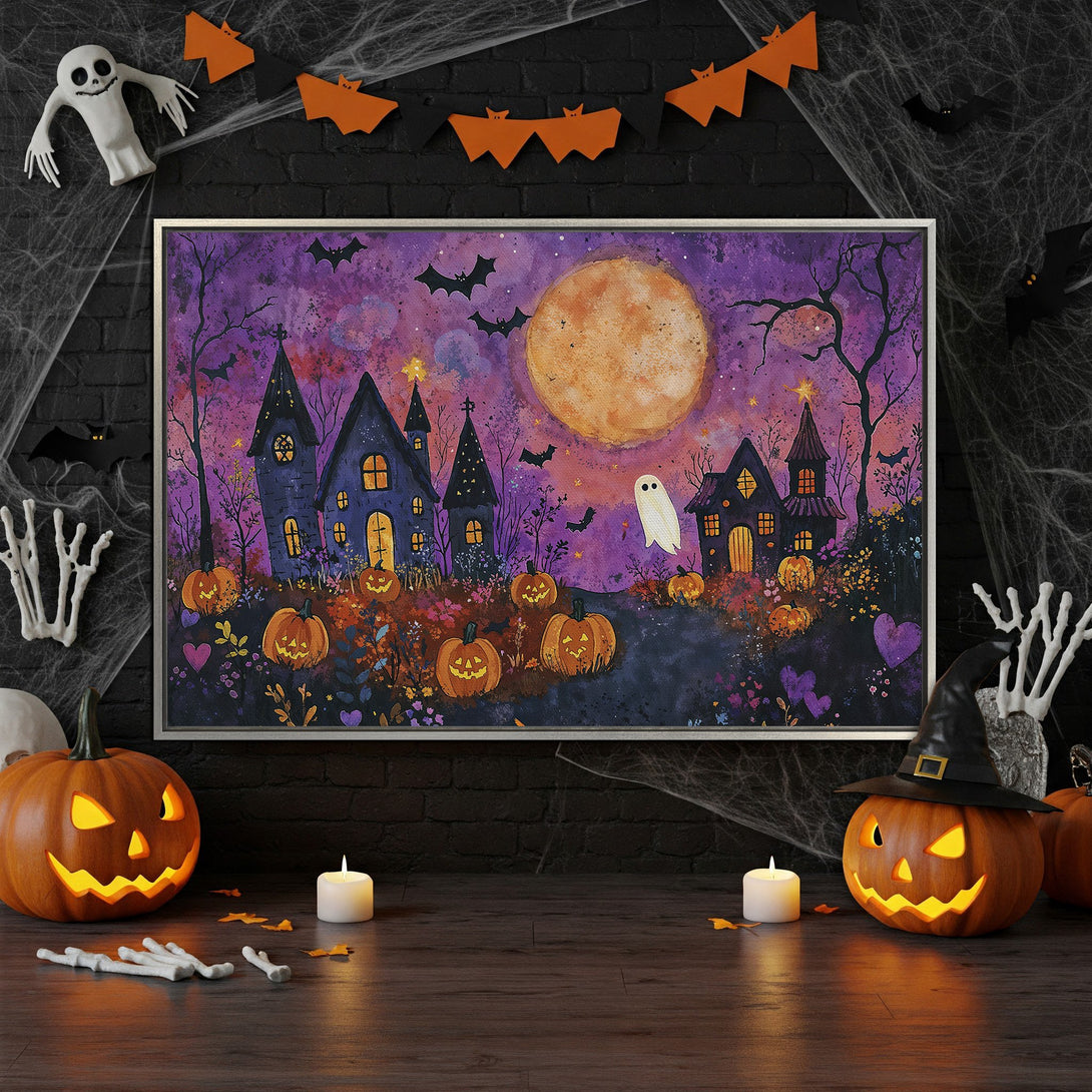 Framed Wall Art: Spooky Halloween scene in purple & orange hues. Watercolor style canvas print featuring haunted houses, pumpkins, and a full moon. Perfect for fall decor!