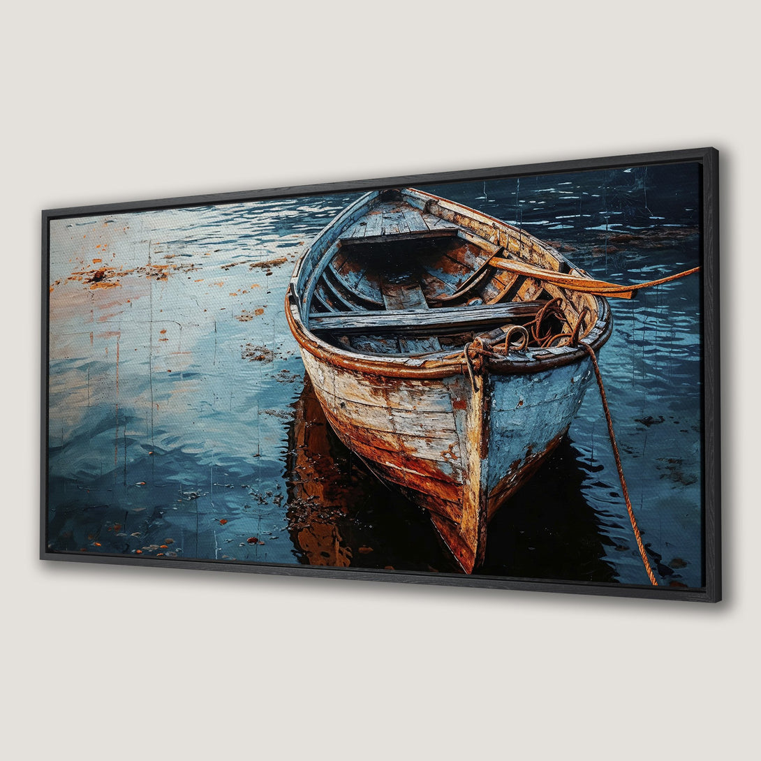 Framed Wall Art: Rustic boat on water. Coastal art with blue, orange, and brown tones. Perfect nautical decor for your home.