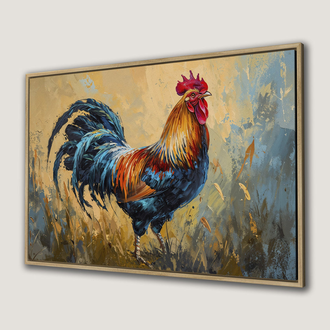 Framed Wall Art: Colorful rooster painting in impressionistic style, featuring blue, orange, and yellow hues. Perfect for farmhouse decor.