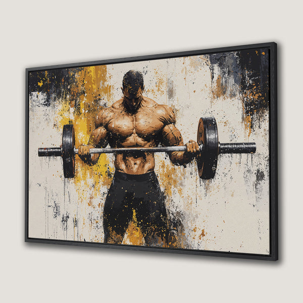 Framed Wall Art: Abstract painting of a bodybuilder lifting weights. Featuring a bold, artistic style with a neutral, black, and gold color palette. Perfect for gym decor.