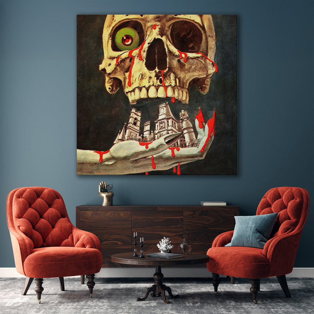 Framed Wall Art featuring a surreal skull with red accents, in a retro style. Dark, moody color palette with pops of red and gold. Perfect for a statement piece.