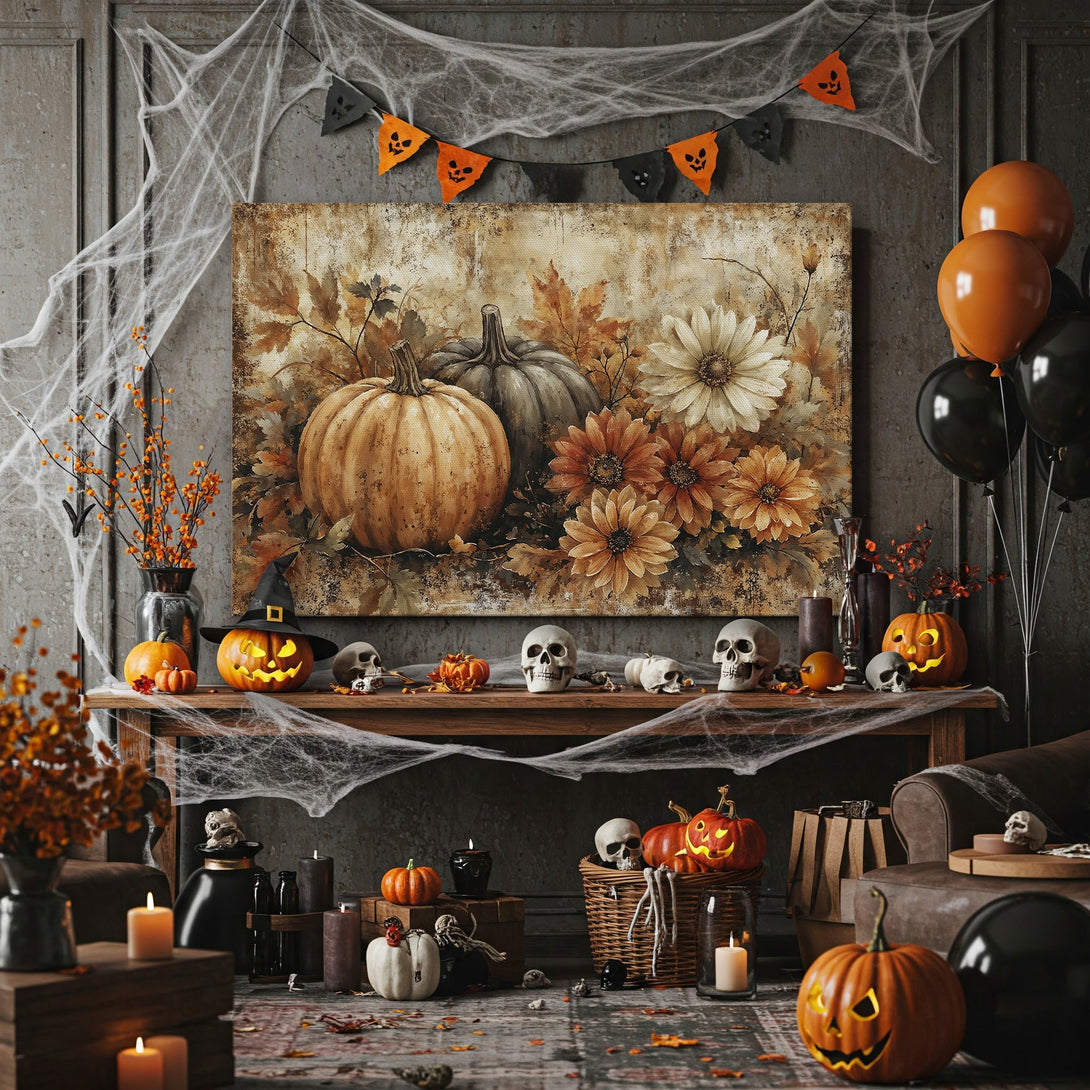 Framed Wall Art: Rustic Halloween canvas print with pumpkins, flowers, and fall leaves. Warm, autumnal color palette. Perfect for seasonal decor!